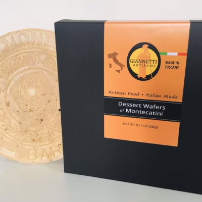 A photo of a box of montecatini wafers imported by Giannetti Artisans