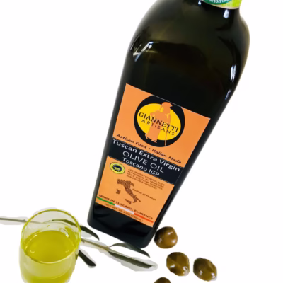 photo of a bottle of extra virgin olive oil produced in Tuscany, Italy