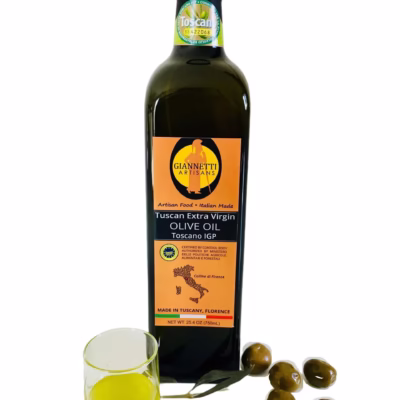Certified olive oil from Tuscany by Giannetti Artisans in a 25 oz glass bottle.