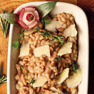 Close up a farro dish with cheese for Giannetti Artisans Pecorino Cheese Farro Recipe.