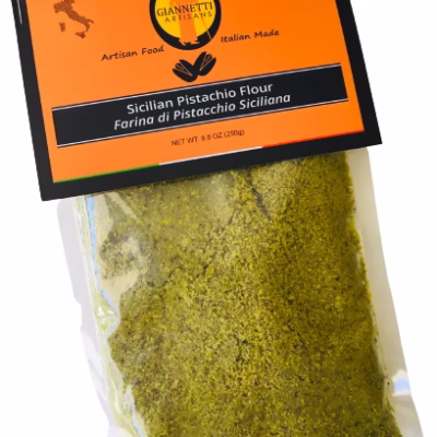A photo of a bag of Sicilian Pistachio Flour imported from Italy