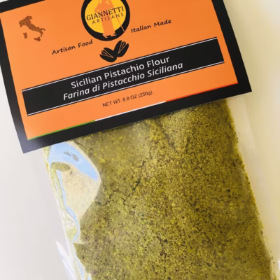 Top view of an 8.8 oz Giannetti Artisans Sicilian Pistachio Flour package on a white background