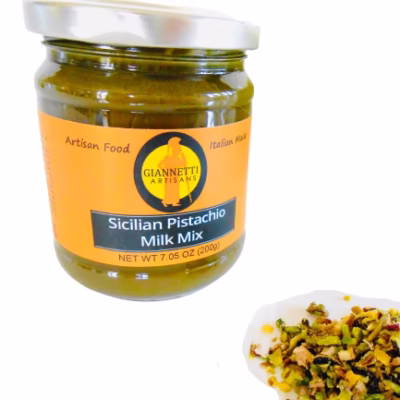 A photo of a jar of pure pistachio paste used to make gelato imported from Sicily