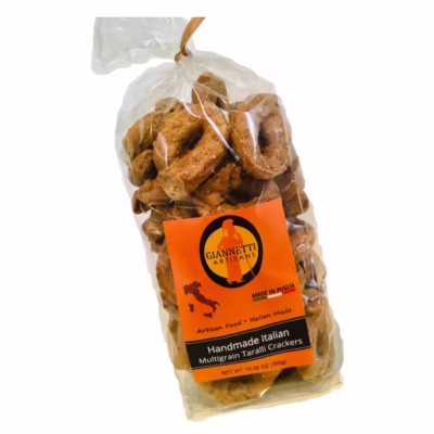 A clean front shot of the Giannetti Artisans handmade multigrain taralli crackers packaging