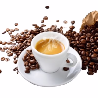 White espresso cup surrounded by whole roasted coffee beans for the Giannetti Artisans Coffee & Beverages collection