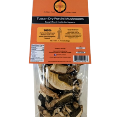 One 1.76 oz clear bag of Giannetti Artisans Dried Italian Porcini Mushrooms