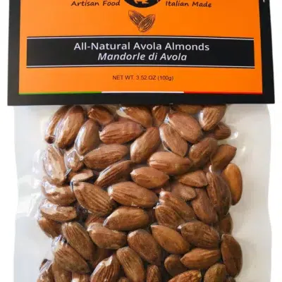 Close up of a single package of Giannetti Artisans Avola Almonds from Sicily
